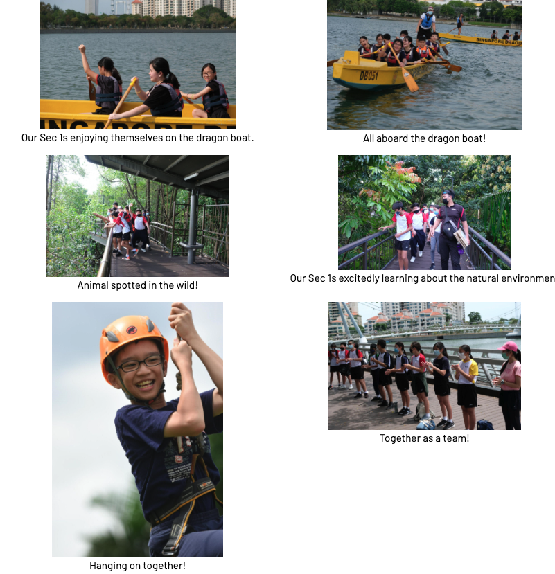 Six photos show students dragon boating, walking nature trails, and a boy in an orange helmet on a rope activity.